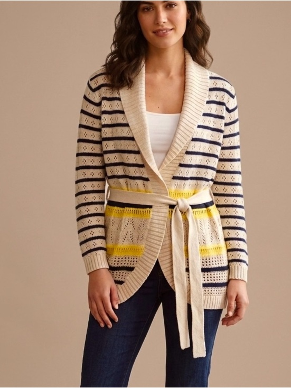 Suzy Shier Striped Pointelle Tie-Waist Cardigan Size XL fits like Large